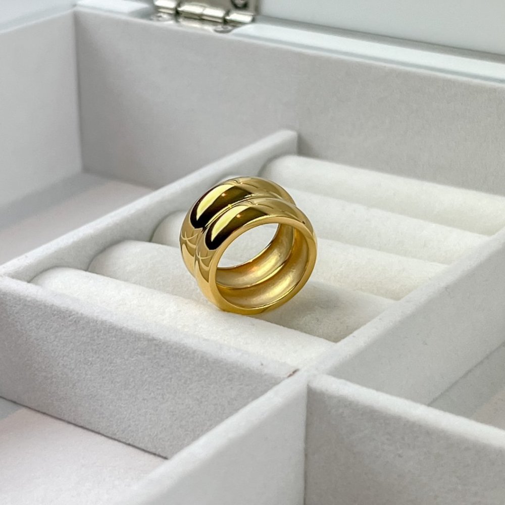 Stainless Steel Double Dome Ring Gold Plated Chunky Gold Ring Wide Thick Ring - Picture 7 of 7